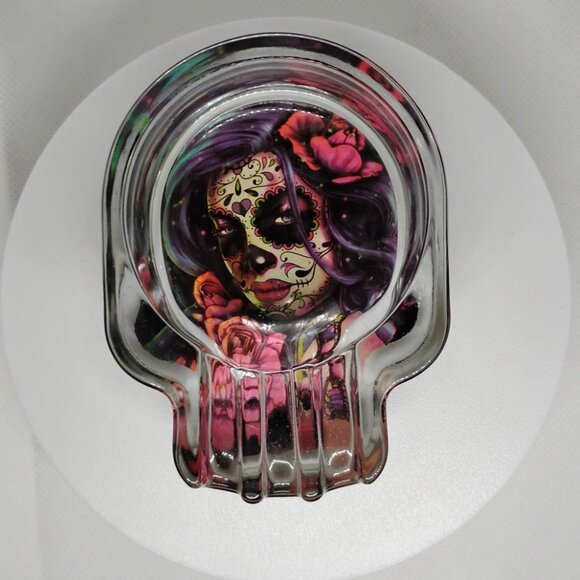 Sugar Skull Dia De Los Muertos Glass Ash Tray - Picture 1 of 2